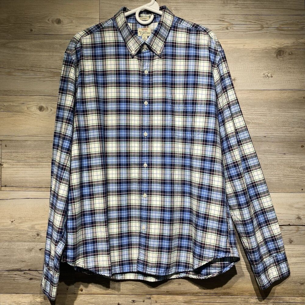 J Crew All Cotton Oxford Shirt Button Down Mens XL Blue Plaid Classic Fit Preppy